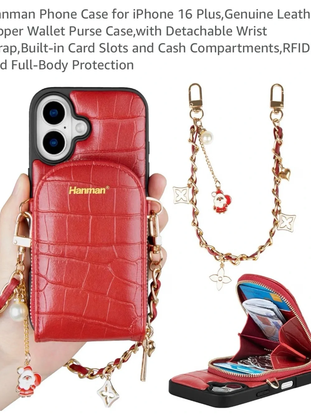 Phone Case for iPhone 16 Plus,Genuine Leather Zipper Wallet Purse Case, Red